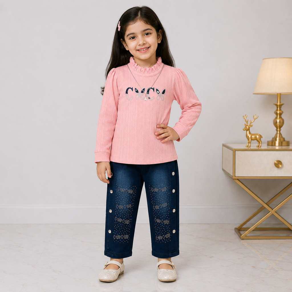 Girls Imported China Jersey Top with Rhinestone Denim Jeans – 2 Piece Outfit