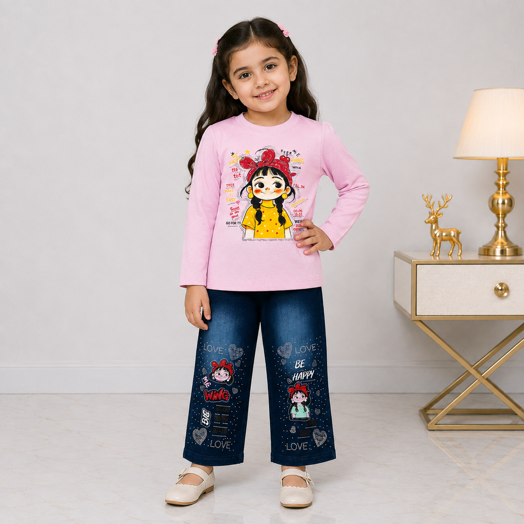 Girls Printed Jersey Top with Rhinestone Denim Jeans – 2 Piece Outfit