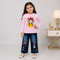 Girls Printed Jersey Top with Rhinestone Denim Jeans – 2 Piece Outfit