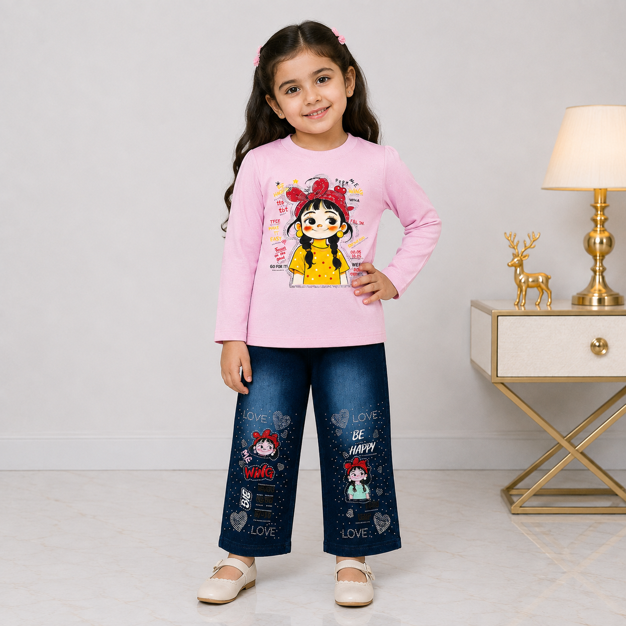 Girls Printed Jersey Top with Rhinestone Denim Jeans – 2 Piece Outfit