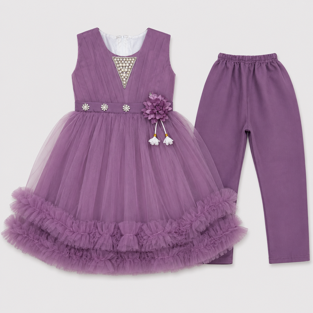 Girls Fancy Party Wear Frock with Tulle Skirt & Trouser