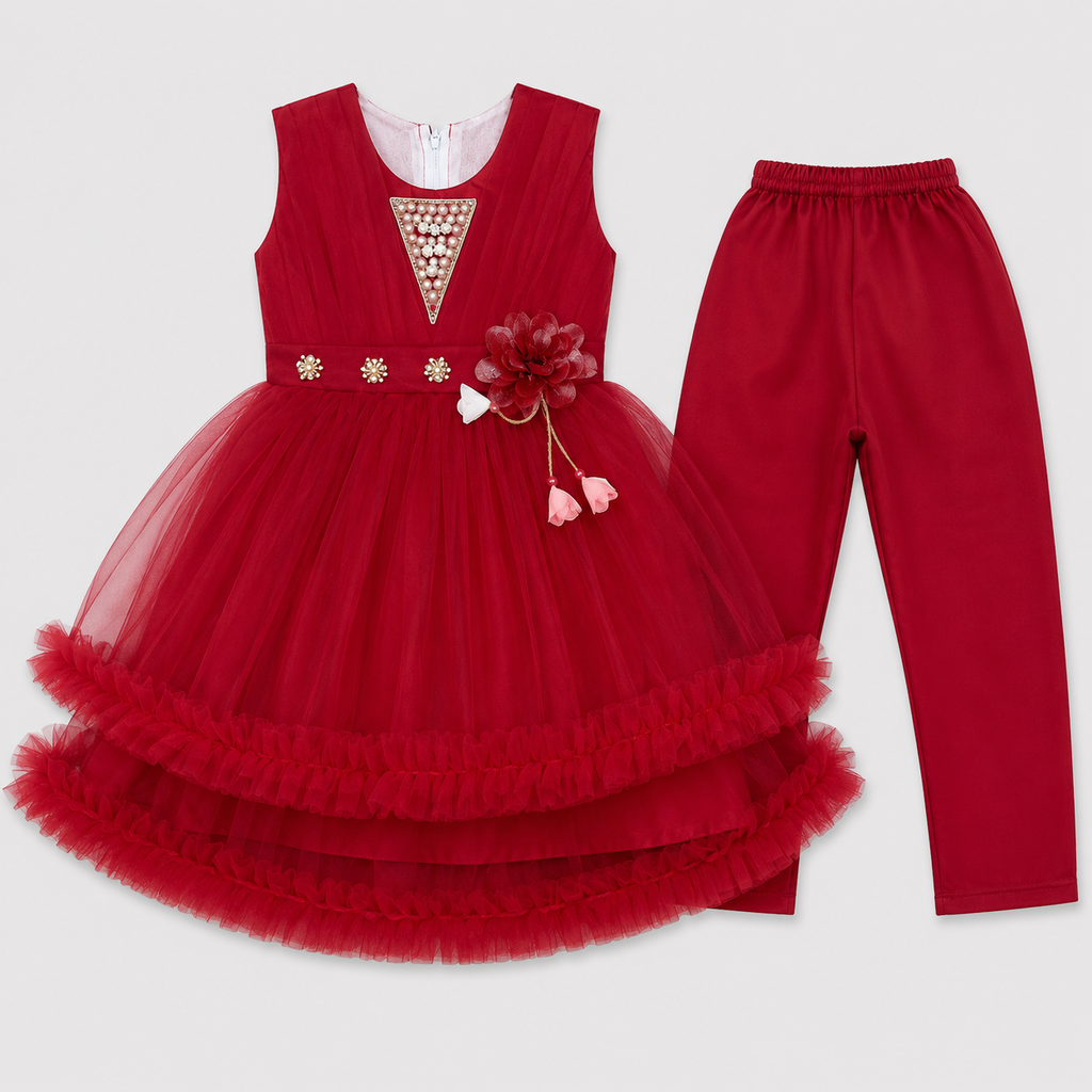 Girls Fancy Party Wear Frock with Tulle Skirt & Trouser