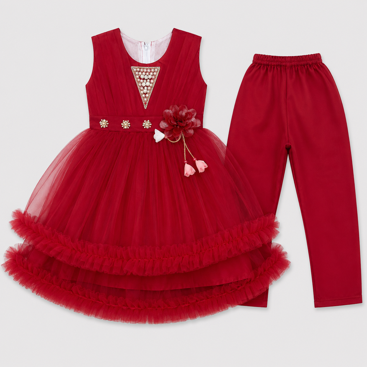 Girls Fancy Party Wear Frock with Tulle Skirt & Trouser