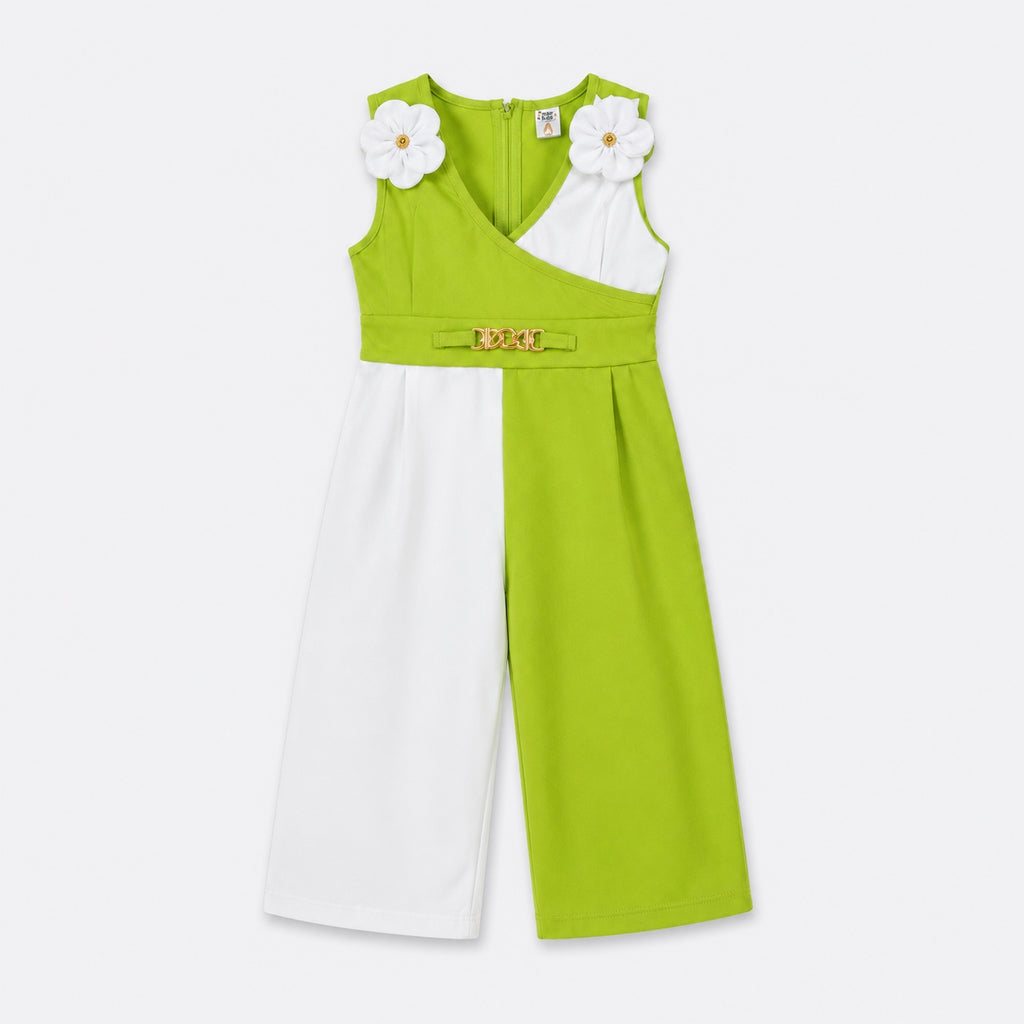 Girls Premium Jersey Green & White Jumpsuit with Floral Design | Lamtar Kids