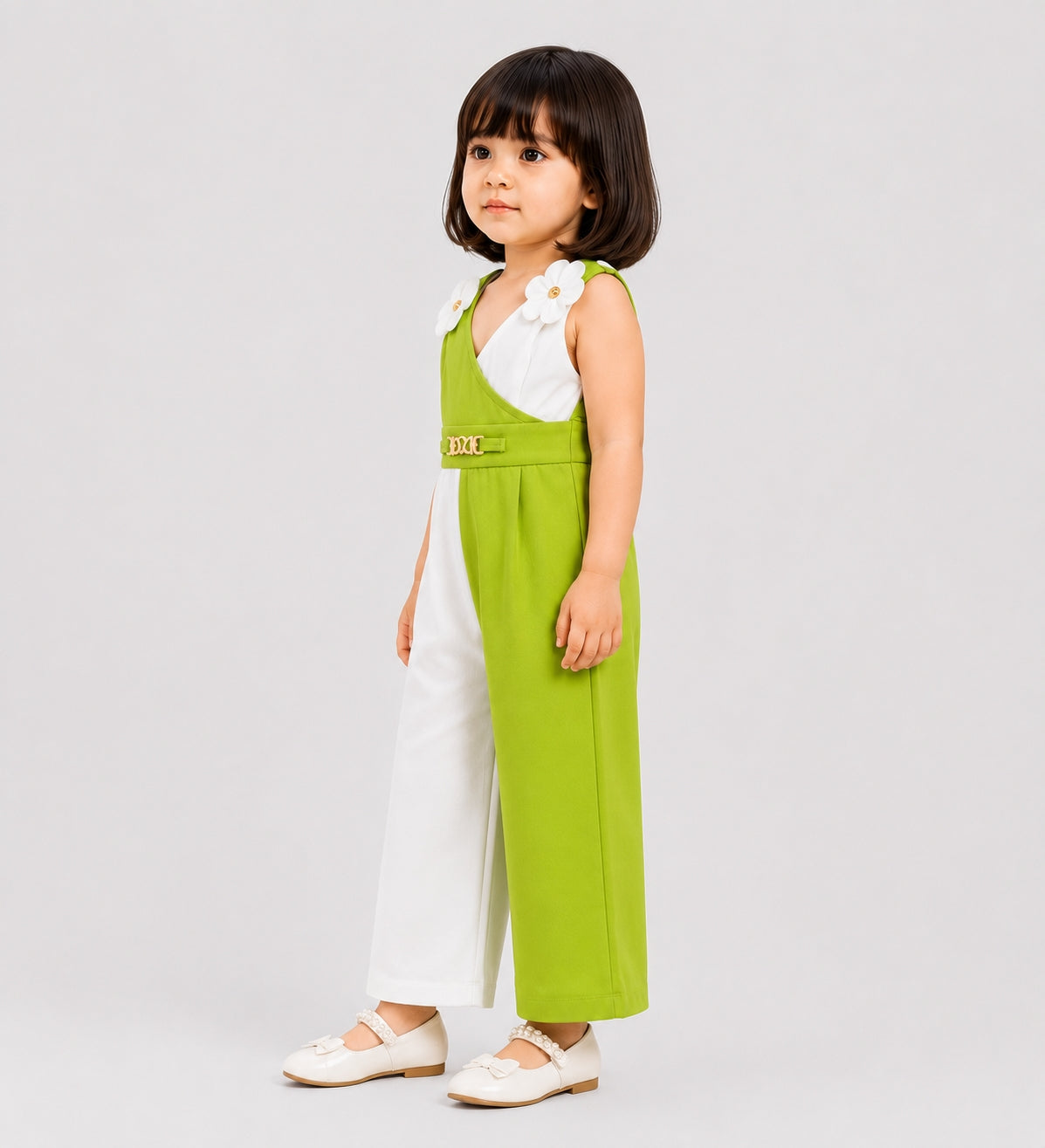Girls Premium Jersey Green & White Jumpsuit with Floral Design | Lamtar Kids