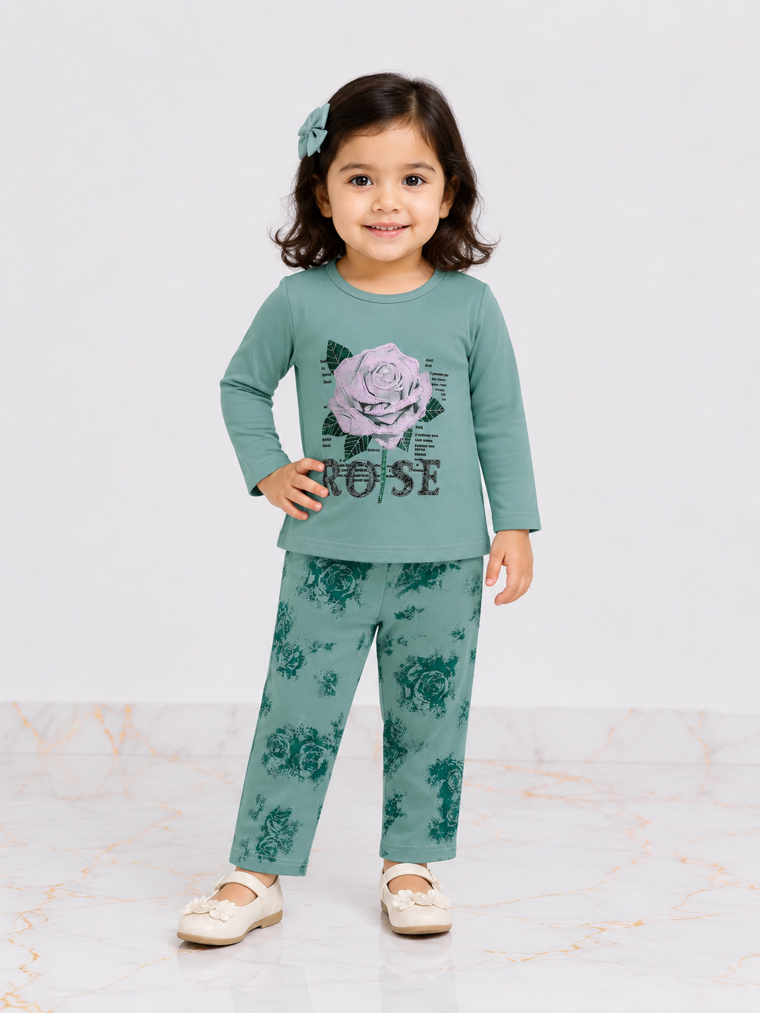 Girls Imported Jersey 2-Piece Suit – Rose Printed