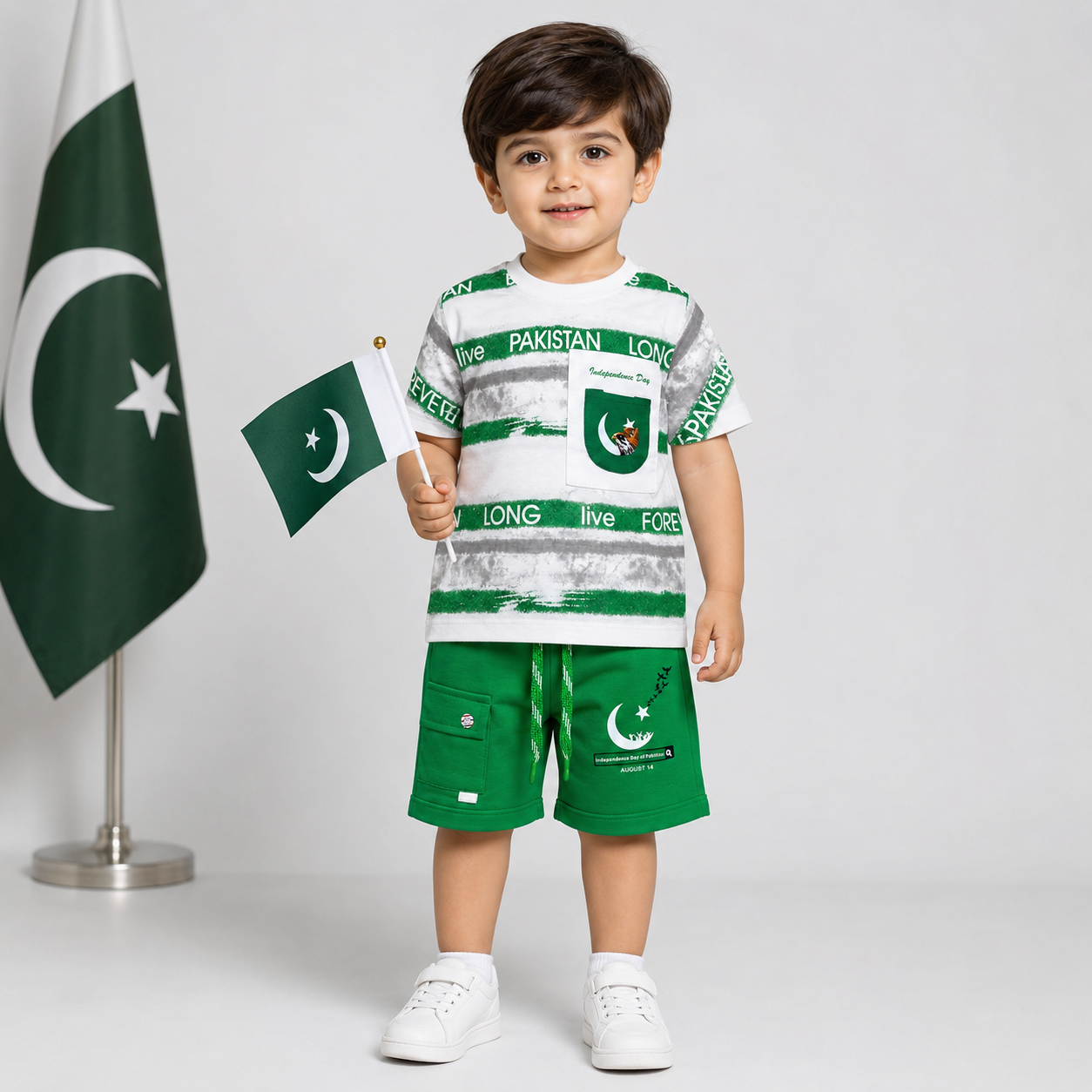 Boys Independence Day 2 Piece Jersey Outfit – White & Green 14 August Suit – 1-4 Years