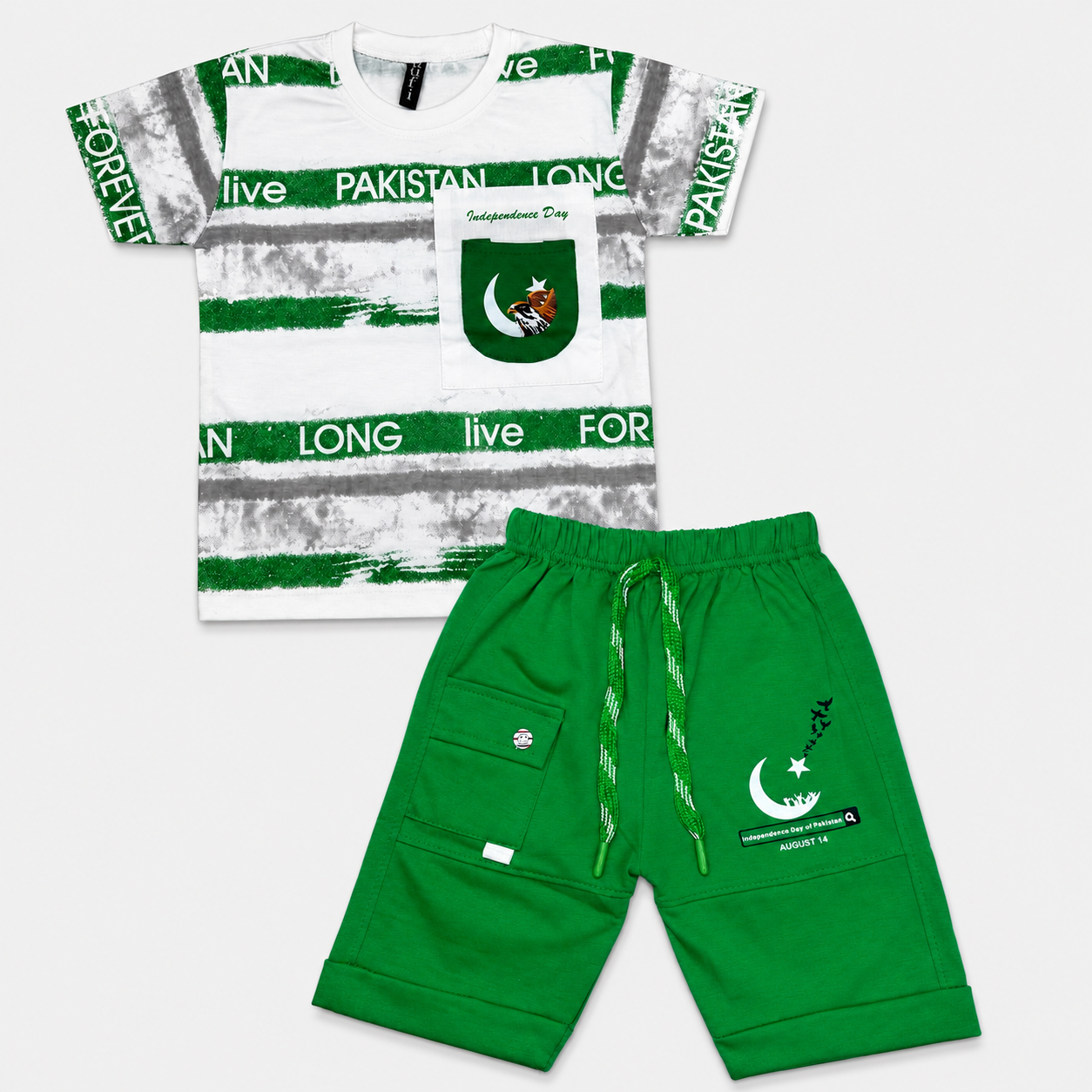 Boys Independence Day 2 Piece Jersey Outfit – White & Green 14 August Suit – 1-4 Years