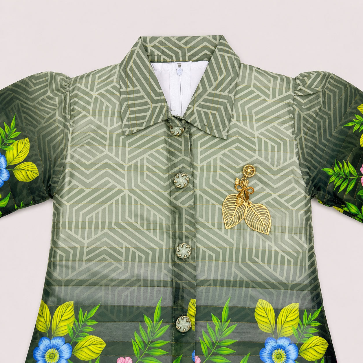 Girls Printed Chiffon 3 Piece Suit – Olive Green Floral Kids Dress | Lamtar Kids