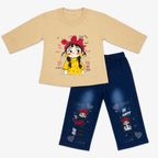 Girls Printed Jersey Top with Rhinestone Denim Jeans – 2 Piece Outfit
