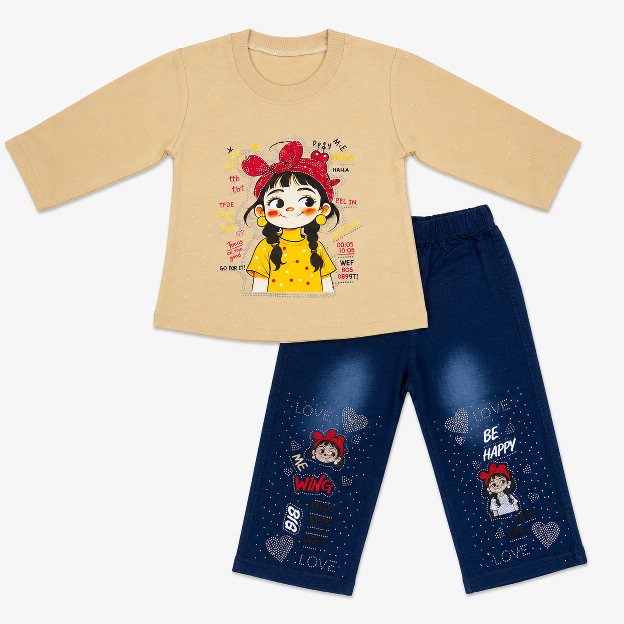 Girls Printed Jersey Top with Rhinestone Denim Jeans – 2 Piece Outfit