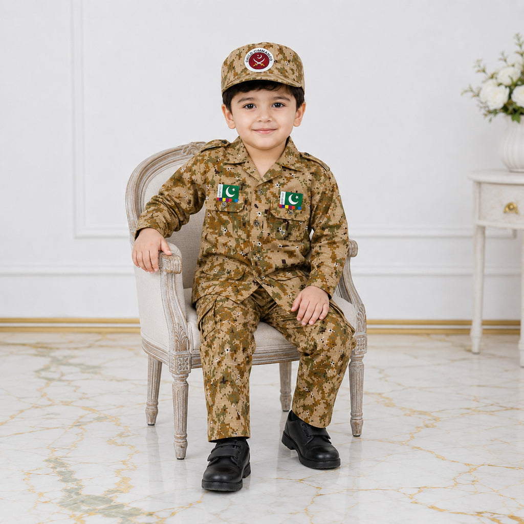 Boys Cotton Commando Suit 1-4 Years – Army Camouflage Shirt, Trouser & Cap Set