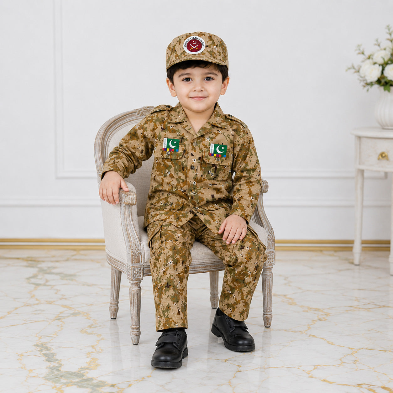 Boys Cotton Commando Suit 1-4 Years – Army Camouflage Shirt, Trouser & Cap Set