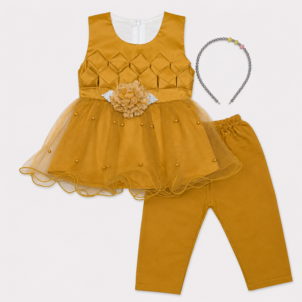 Baby Girls Fancy 3 Piece Dress Set with Trouser & Headband – Party Wear Frock | 3–9 Months