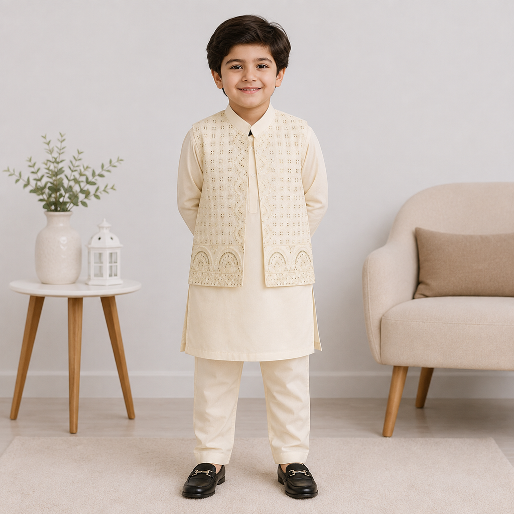 Boys Embroidered Waistcoat Shalwar Kameez | Premium Eid & Party Wear