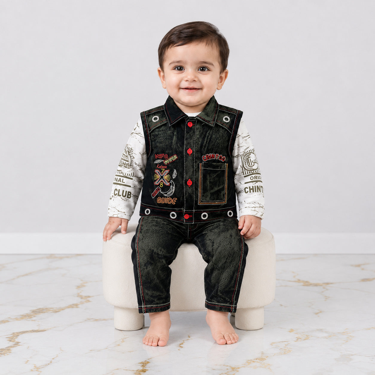 Boys 3 Piece Cotton Suit 6 Months-4 Years – Denim Style Jacket Trouser with Fine Interlock Inner