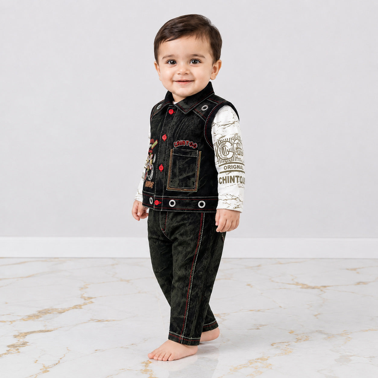 Boys 3 Piece Cotton Suit 6 Months-4 Years – Denim Style Jacket Trouser with Fine Interlock Inner