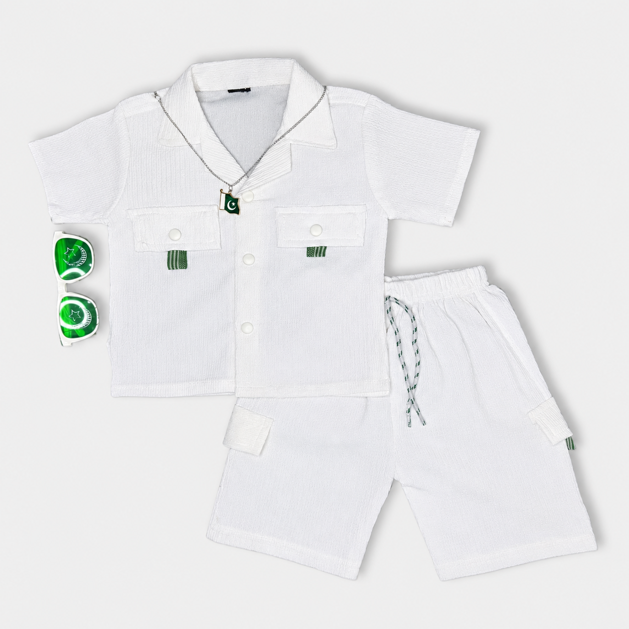 Boys White Independence Day 2 Piece Outfit With Pakistan Pendant – 1-4 Years