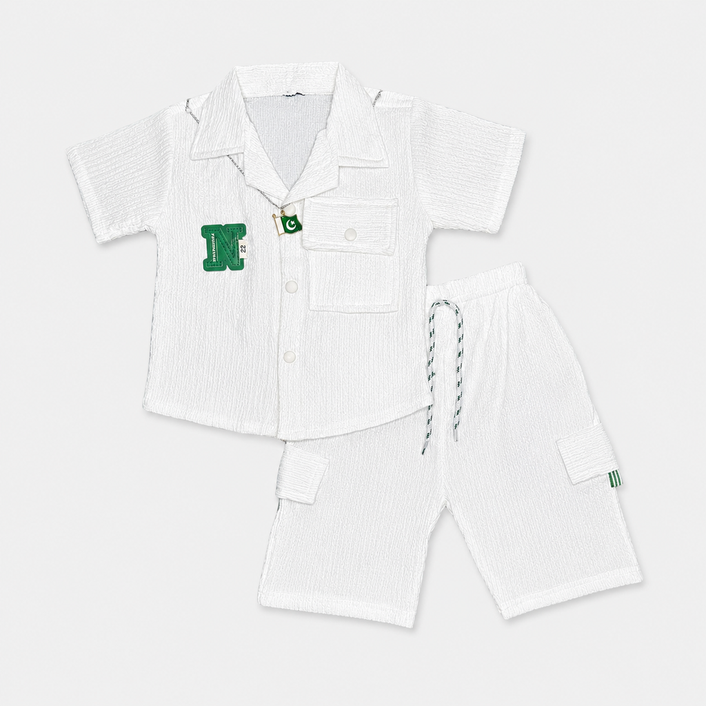 Boys White Independence Day 2 Piece Suit With Pakistan Flag Pendant – 1-4 Years