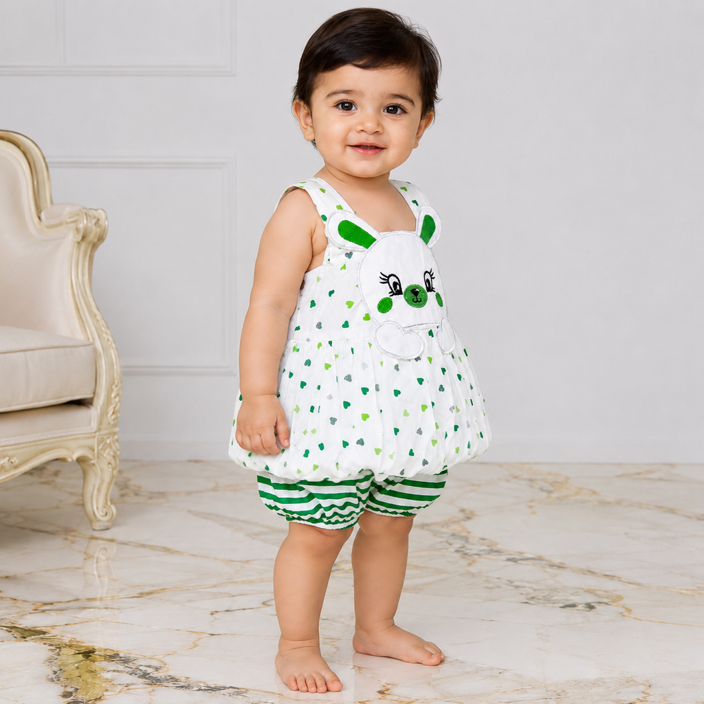 Baby Girls White Bunny Top & Green Striped Shorts Set