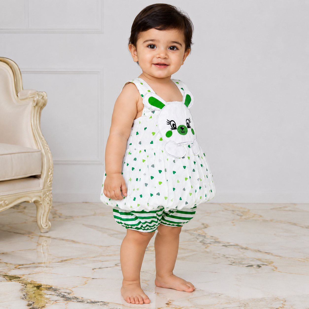 Baby Girls White Bunny Top & Green Striped Shorts Set