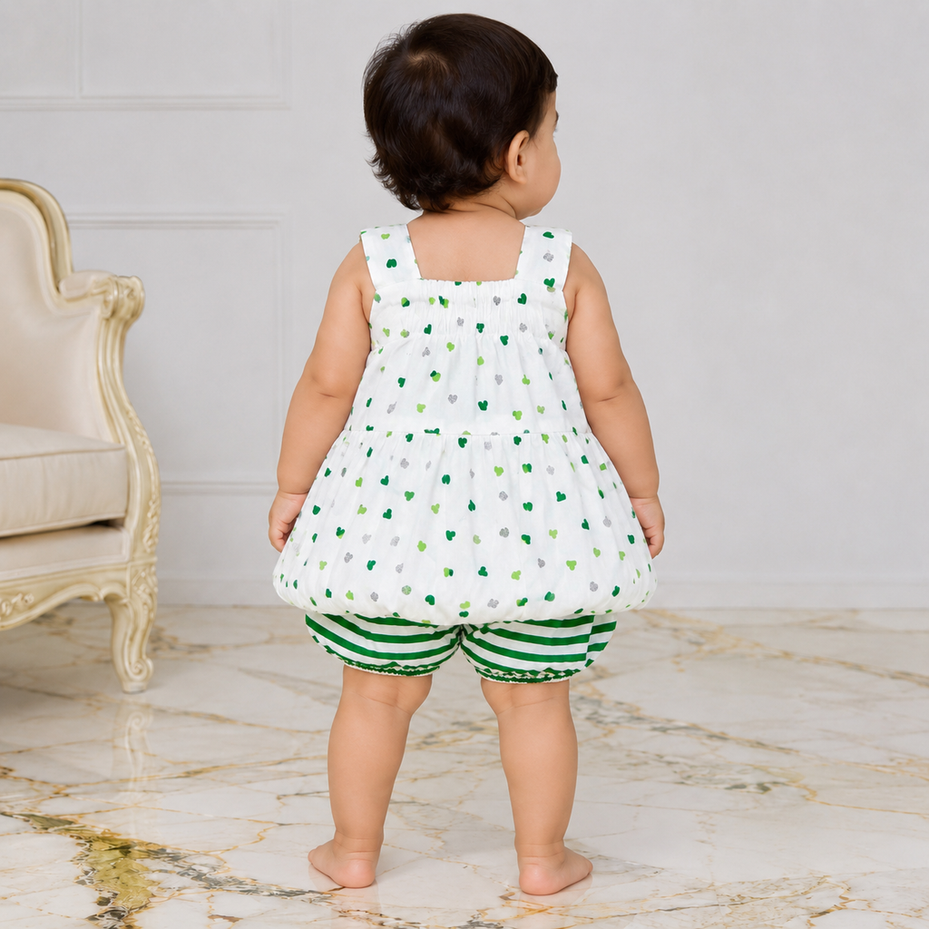 Baby Girls White Bunny Top & Green Striped Shorts Set