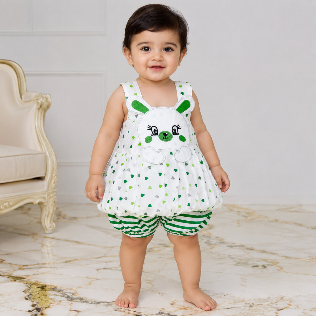 Baby Girls White Bunny Top & Green Striped Shorts Set
