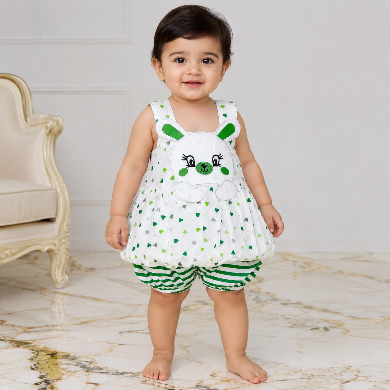 Baby Girls White Bunny Top & Green Striped Shorts Set