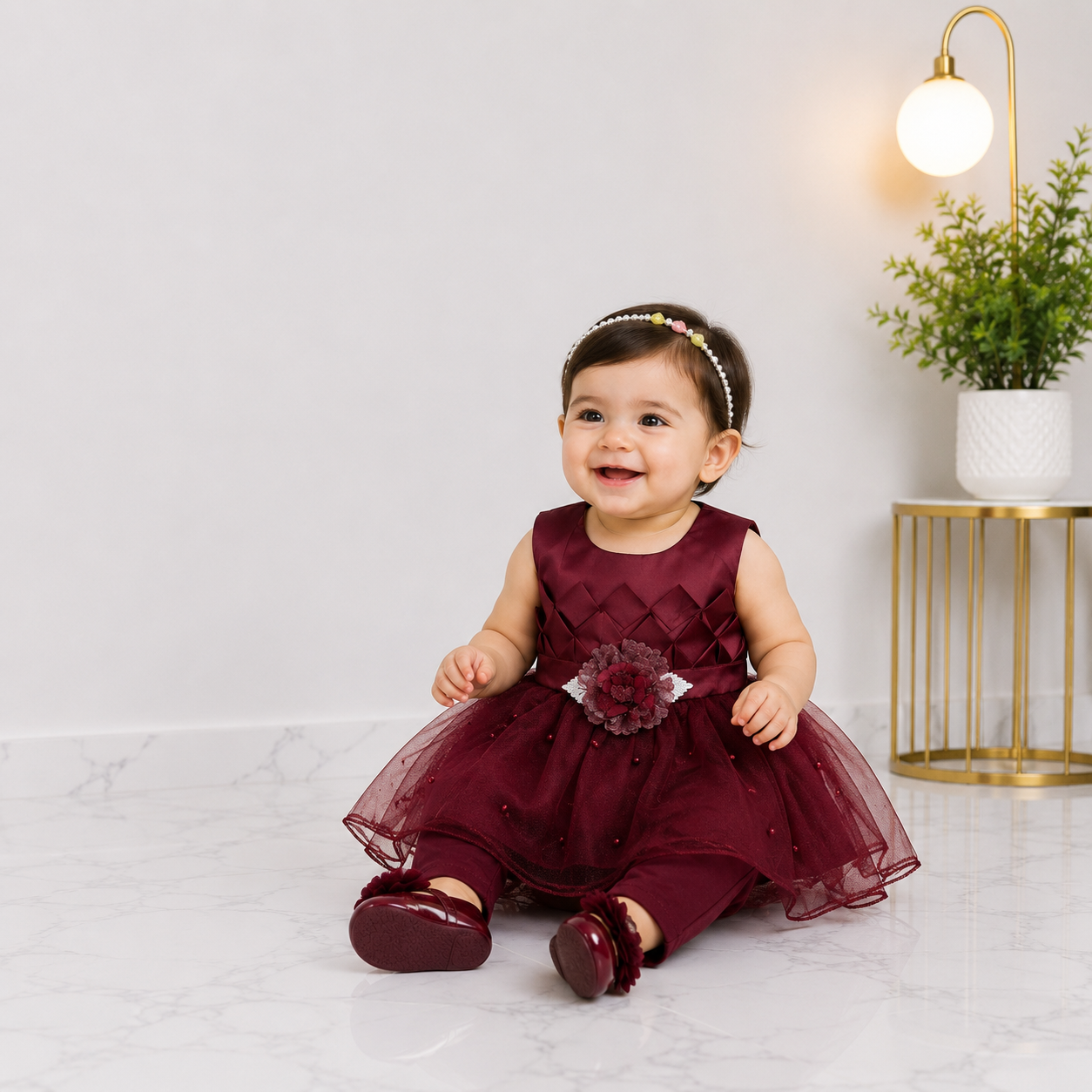 Baby Girls Fancy 3 Piece Dress Set with Trouser & Headband – Party Wear Frock | 3–9 Months