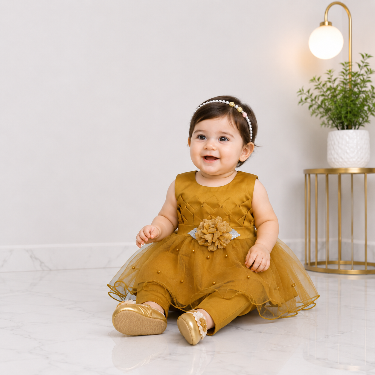 Baby Girls Fancy 3 Piece Dress Set with Trouser & Headband – Party Wear Frock | 3–9 Months