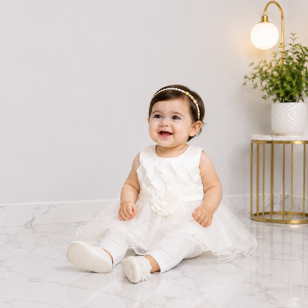 Baby Girls Fancy 3 Piece Dress Set with Trouser & Headband – Party Wear Frock | 3–9 Months