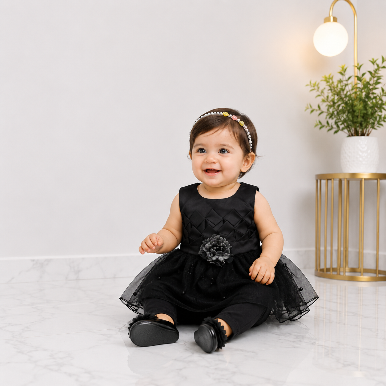 Baby Girls Fancy 3 Piece Dress Set with Trouser & Headband – Party Wear Frock | 3–9 Months