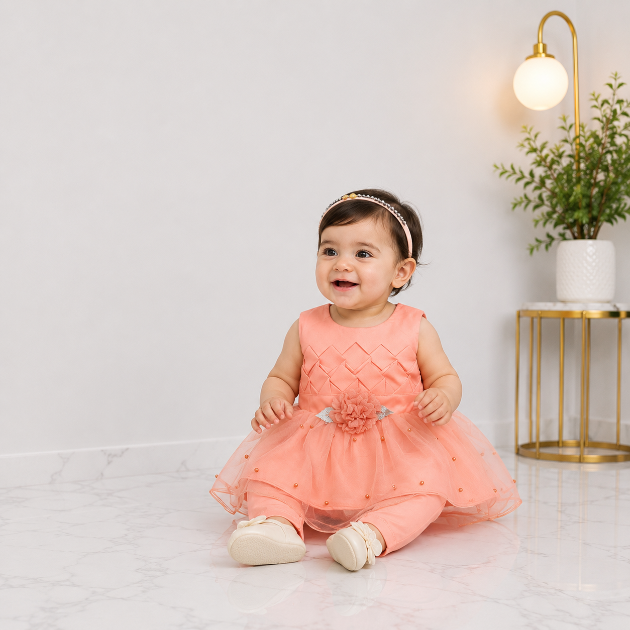 Baby Girls Fancy 3 Piece Dress Set with Trouser & Headband – Party Wear Frock | 3–9 Months