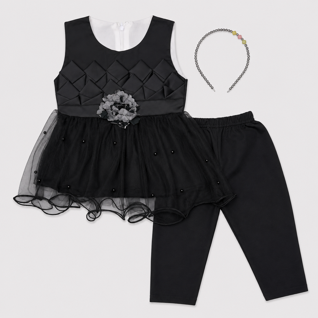 Baby Girls Fancy 3 Piece Dress Set with Trouser & Headband – Party Wear Frock | 3–9 Months