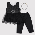 Baby Girls Fancy 3 Piece Dress Set with Trouser & Headband – Party Wear Frock | 3–9 Months