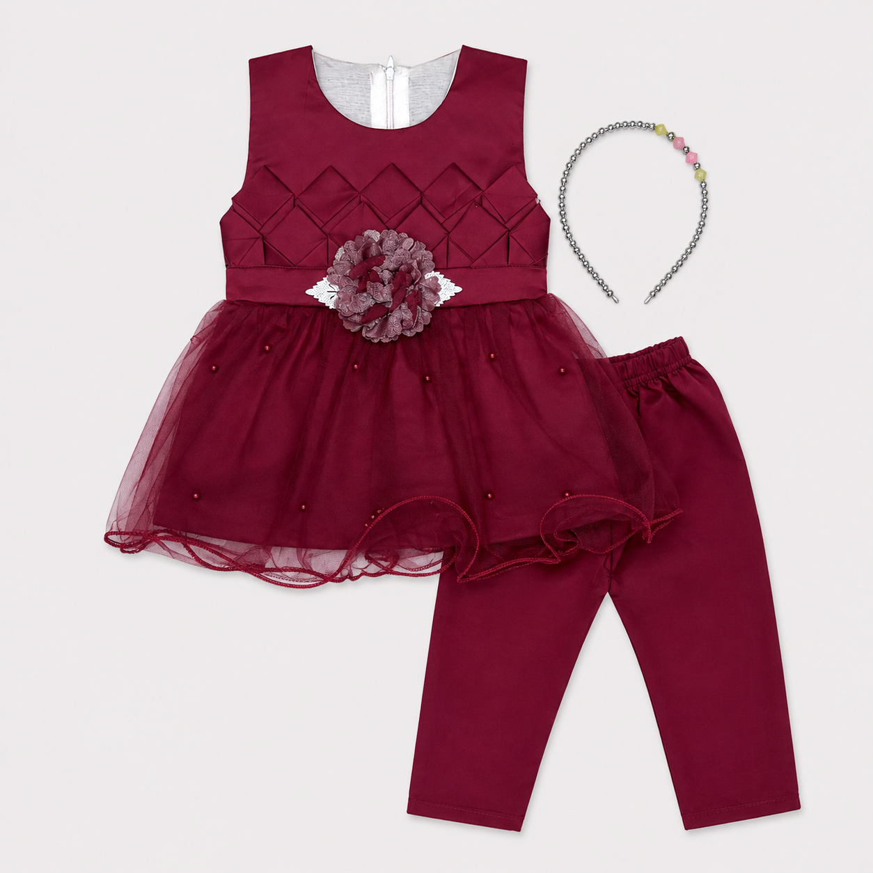 Baby Girls Fancy 3 Piece Dress Set with Trouser & Headband – Party Wear Frock | 3–9 Months