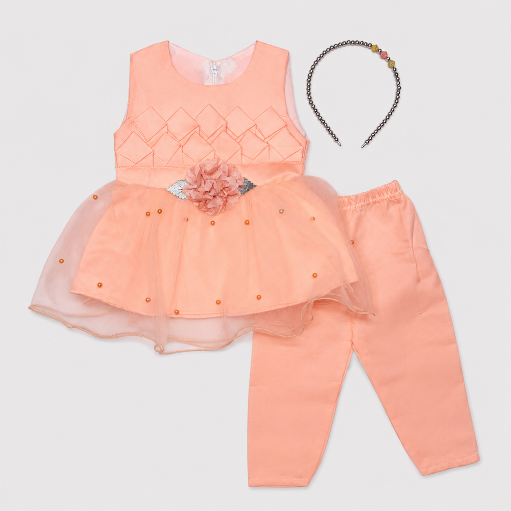 Baby Girls Fancy 3 Piece Dress Set with Trouser & Headband – Party Wear Frock | 3–9 Months
