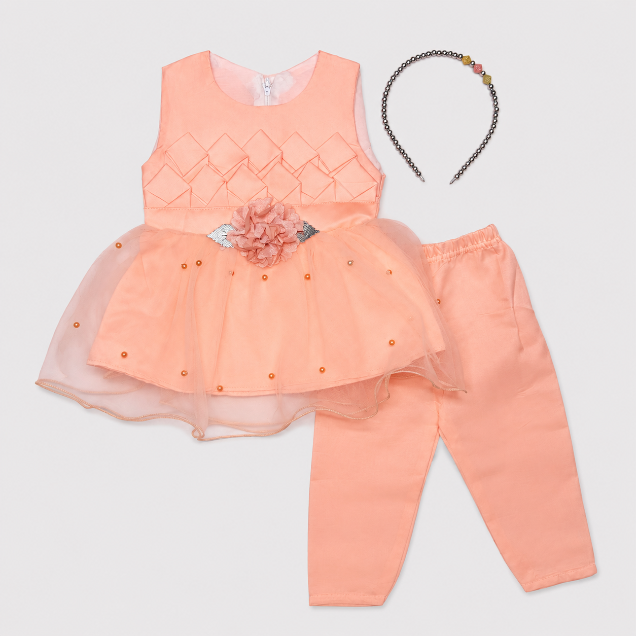 Baby Girls Fancy 3 Piece Dress Set with Trouser & Headband – Party Wear Frock | 3–9 Months