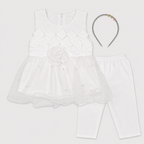 Baby Girls Fancy 3 Piece Dress Set with Trouser & Headband – Party Wear Frock | 3–9 Months