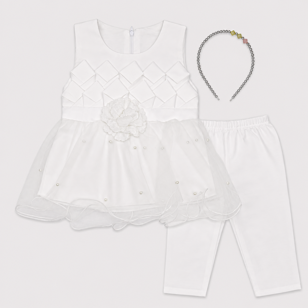 Baby Girls Fancy 3 Piece Dress Set with Trouser & Headband – Party Wear Frock | 3–9 Months