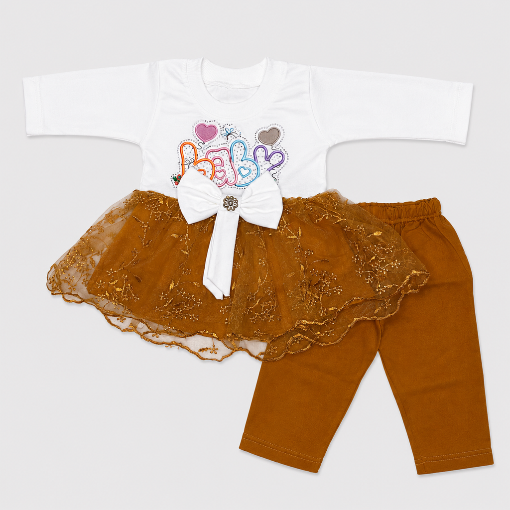 Baby Girls 2-Piece Dress Set | 0-6 Month | Printed Top with Lace & Trouser