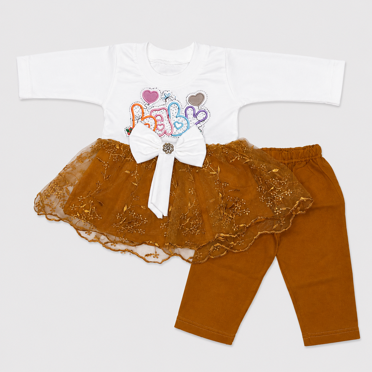 Baby Girls 2-Piece Dress Set | 0-6 Month | Printed Top with Lace & Trouser
