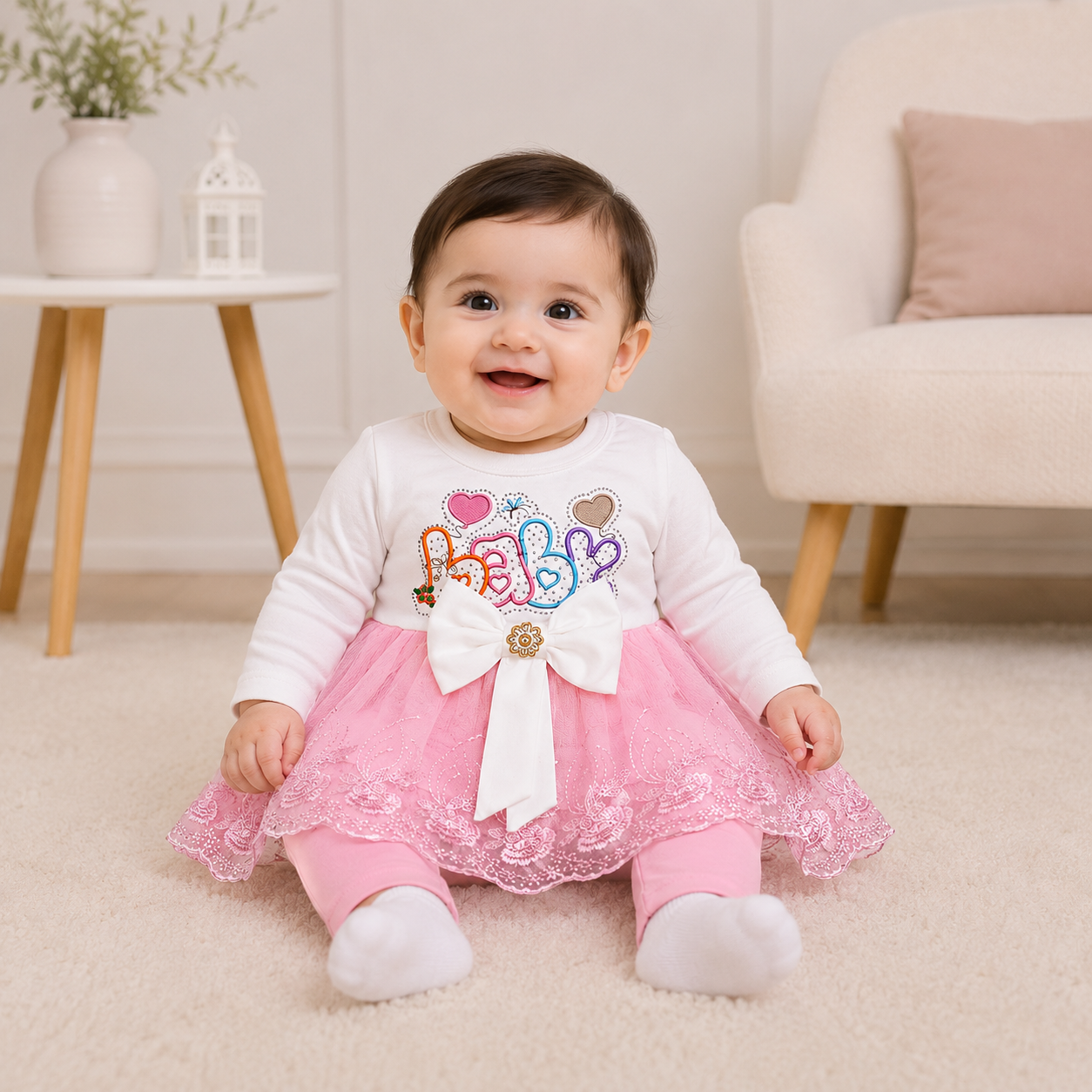 Baby Girls 2-Piece Dress Set | 0-6 Month | Printed Top with Lace & Trouser