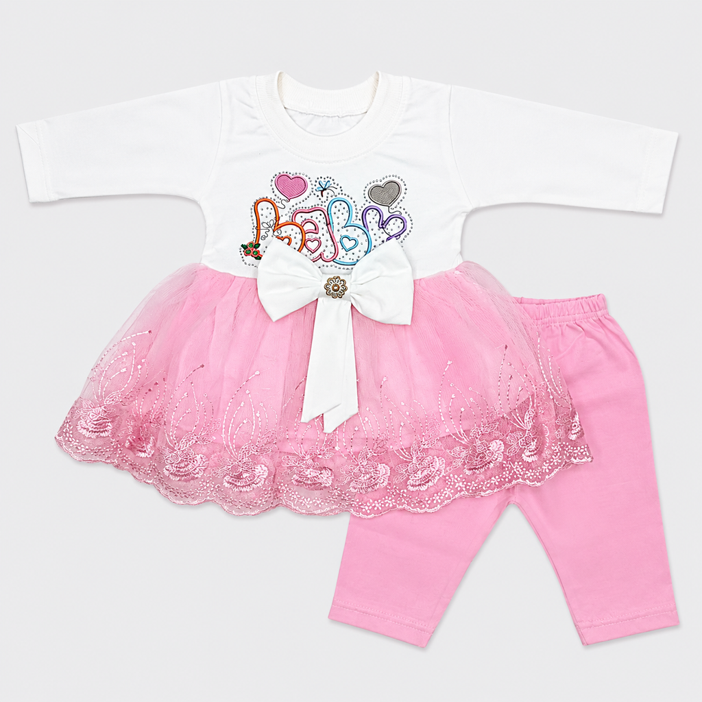 Baby Girls 2-Piece Dress Set | 0-6 Month | Printed Top with Lace & Trouser
