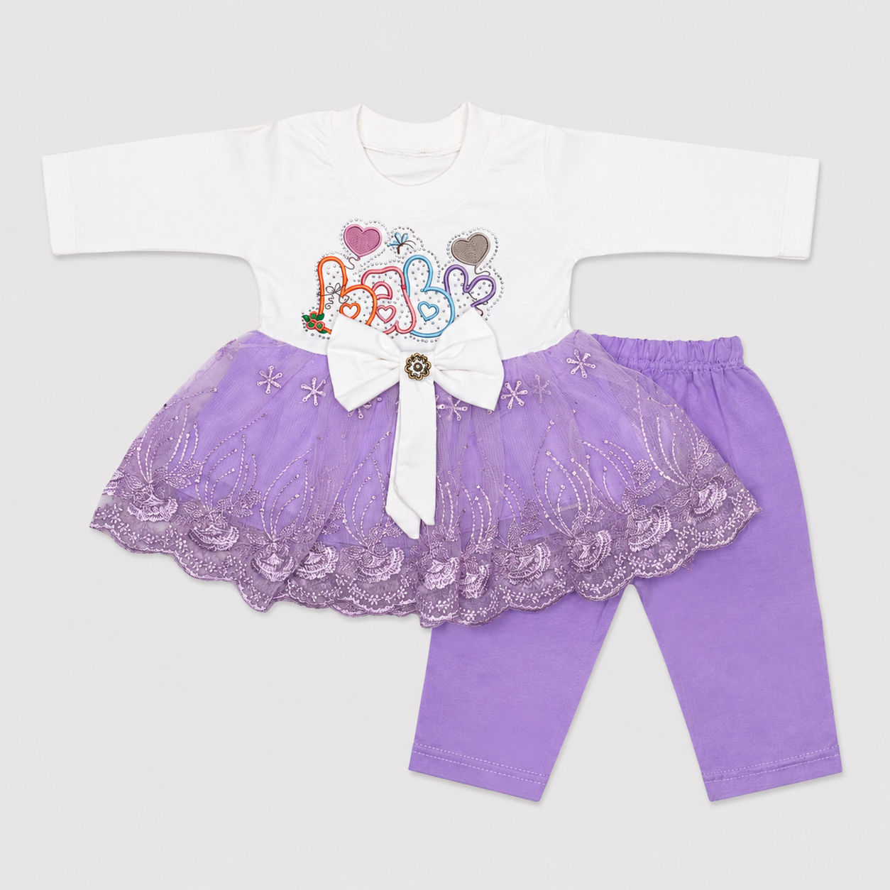 Baby Girls 2-Piece Dress Set | 0-6 Month | Printed Top with Lace & Trouser